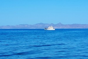 A boat off the Loreto Bay coast with Isla Carmen in the background.