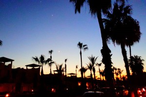 Sunset on the Paseo in Loreto Bay with the moon, Jupiter and Venus in the sky.